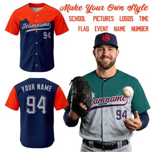 May include: Baseball jerseys in navy blue, orange, and gray with the text "Teamname" and "Your Name" along with the number "94". The image also shows a baseball player wearing a jersey and holding a baseball and glove. Text on the image says "Make Your Own Style".