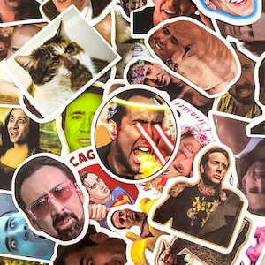 May include: A collection of assorted vinyl stickers featuring various photographic and illustrated portraits of actor Nicolas Cage, including a circular sticker with laser eyes, a cat, and a character wearing a military-style uniform.