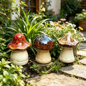 May include: Three ceramic mushroom garden ornaments. The mushrooms have cream-colored stems and glazed caps in red, brown, and tan. They are arranged on a stone surface amidst greenery and flowers, creating a whimsical outdoor decor scene.
