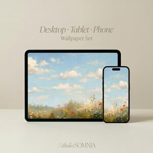 Puede incluir: Un conjunto de fondos de pantalla para escritorio, tableta y teléfono con una pintura de paisaje de un cielo azul con nubes blancas sobre un campo de flores silvestres. El texto Desktop · Tablet · Phone Wallpaper Set y AtelierSOMNIA es visible.