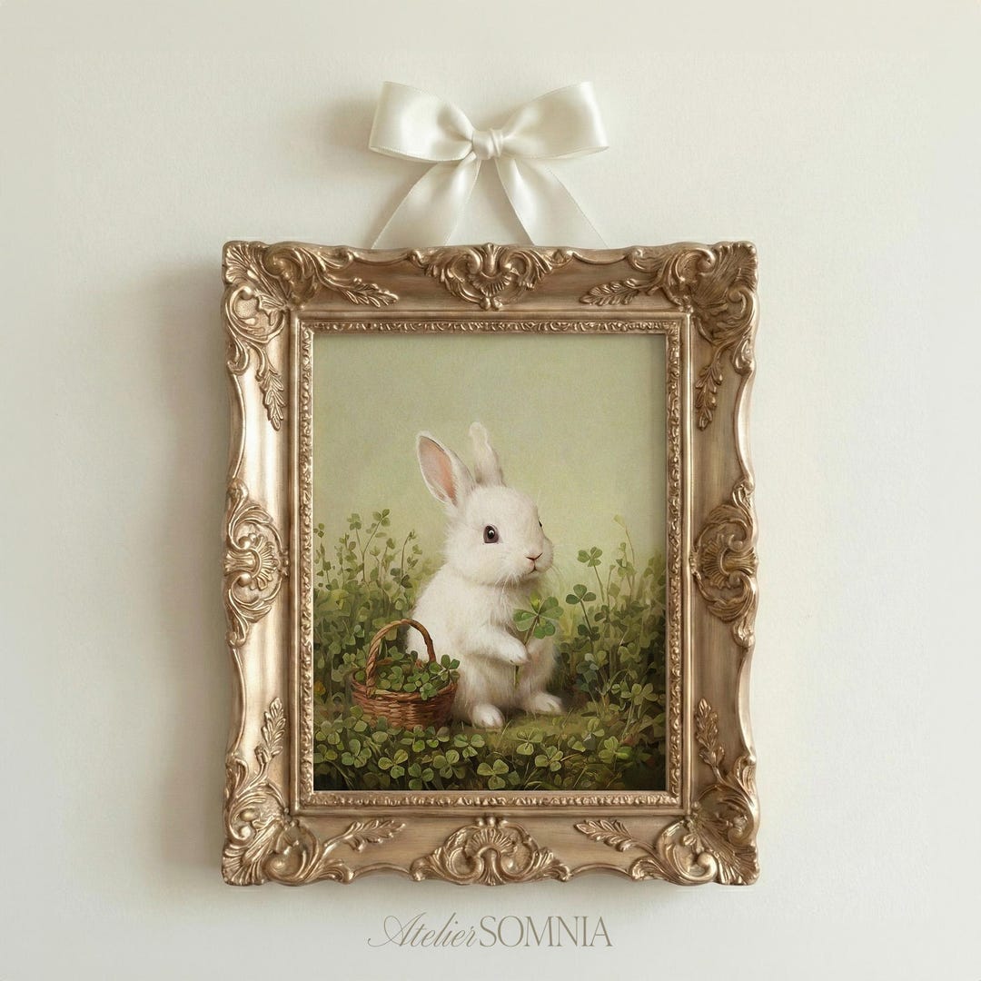 Shamrock Rabbit Shamrock Bunny Print | Easter Wall Art | Irish Clover Rabbit Painting ...