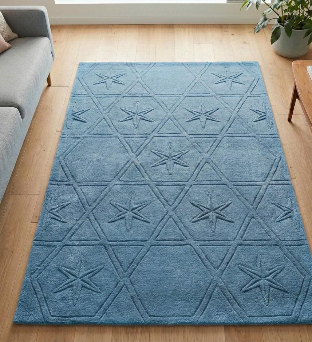 Hand Tufted Blue Geometric Rug, Modern Hexagon Star Pattern Wool Carpet ...