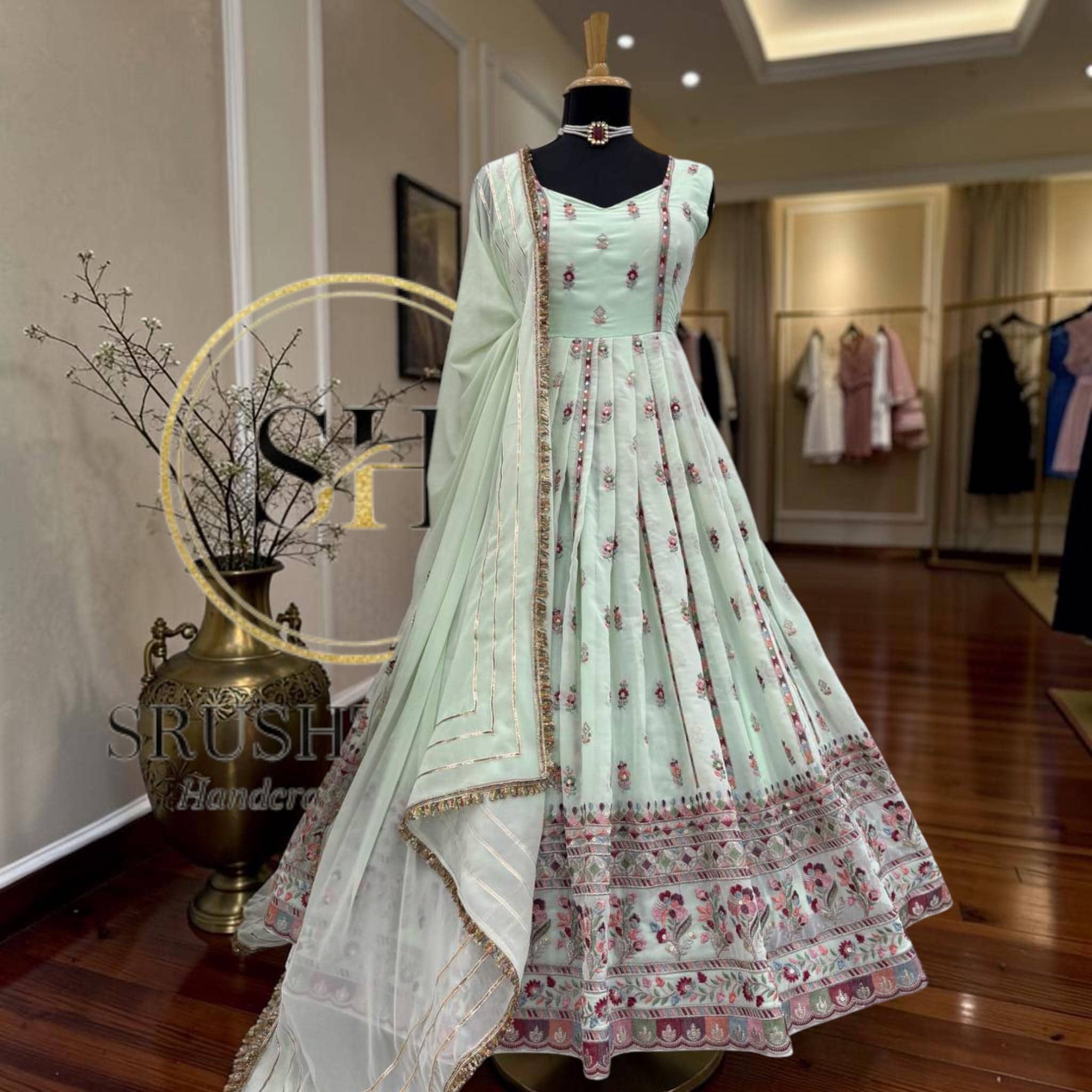 Mint Green Anarkali Dress for Women, Embroidered Georgette Gown With Dupatta, Indian Wedding Guest Outfit, Floral Anarkali Suit
