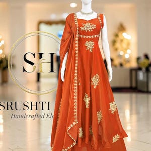 orange party dress pakistani Embroidered Orange Pakistani Frock Dupatta Party Dress LARGE