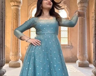 Sky Blue Anarkali Suit for Women – Embroidered Fendy Silk Anarkali Dress Set, Sequin Work Ethnic Outfit, Wedding Guest Dress