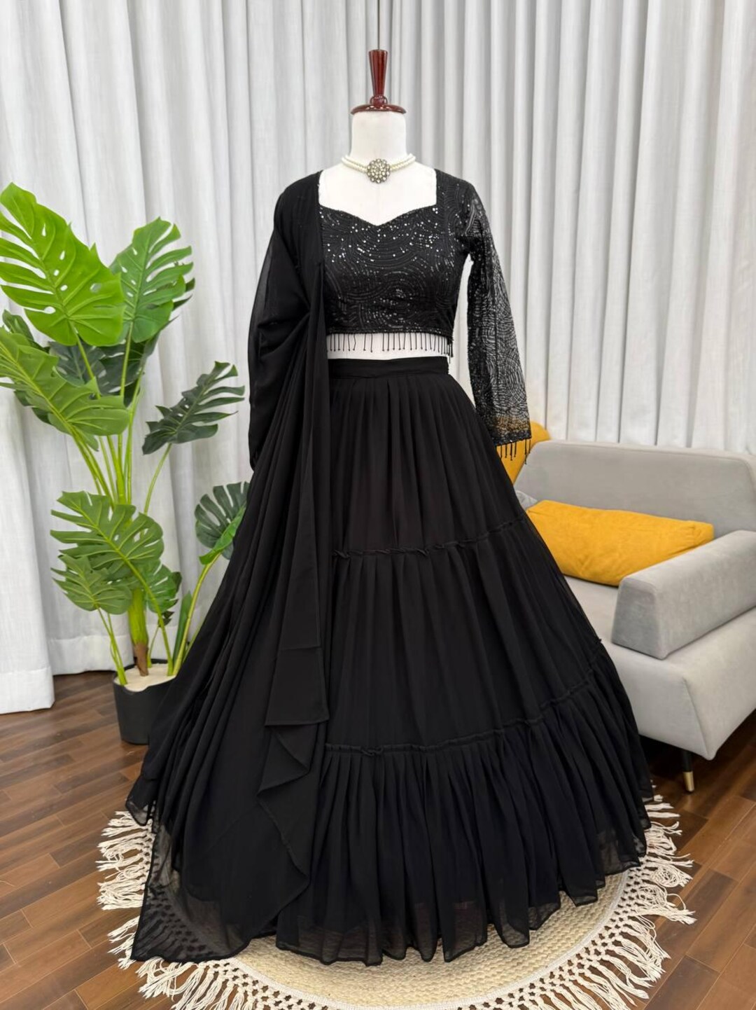 Lehenga Set: Black Ruffle Skirt Bridal Reception Wear, Indian Wedding ...