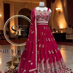 Lehenga de georgette de diseñador para mujer - Bordado de hilo y lentejuelas con trabajo de cordón - Conjunto de lehenga para bodas y fiestas completamente cosido