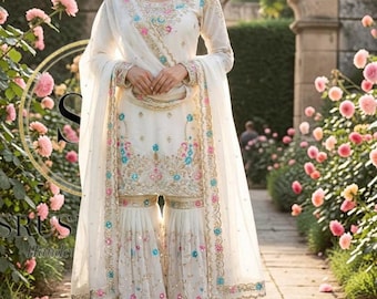 Costume Sharara blanc ivoire pour femme - Ensemble Salwar Kameez JMC en soie brodée, tenue de travail sequins et perles, robe d'invitée de mariage pakistanais