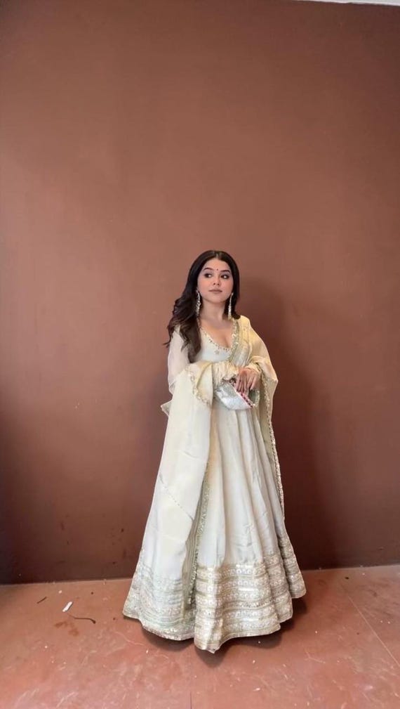 ivory anarkali dress White Suit for Women – Embroidered Chinon Anarkali With Pants & Dupatta – Wedding Guest Outfit, Festive Ethnic Wear ivory anarkali suit