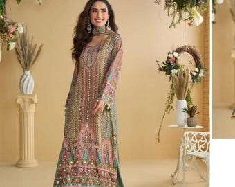 Costume salwar ethnique crêpe de soie, vert sauge, tenue de réception de mariée, tenue de mariage indien