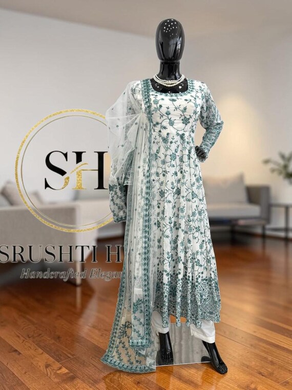 sage green anarkali dress White Suit for Women - Faux Georgette Embroidered Gown Set With Net Dupatta - Pakistani Wedding Guest blue wedding dress