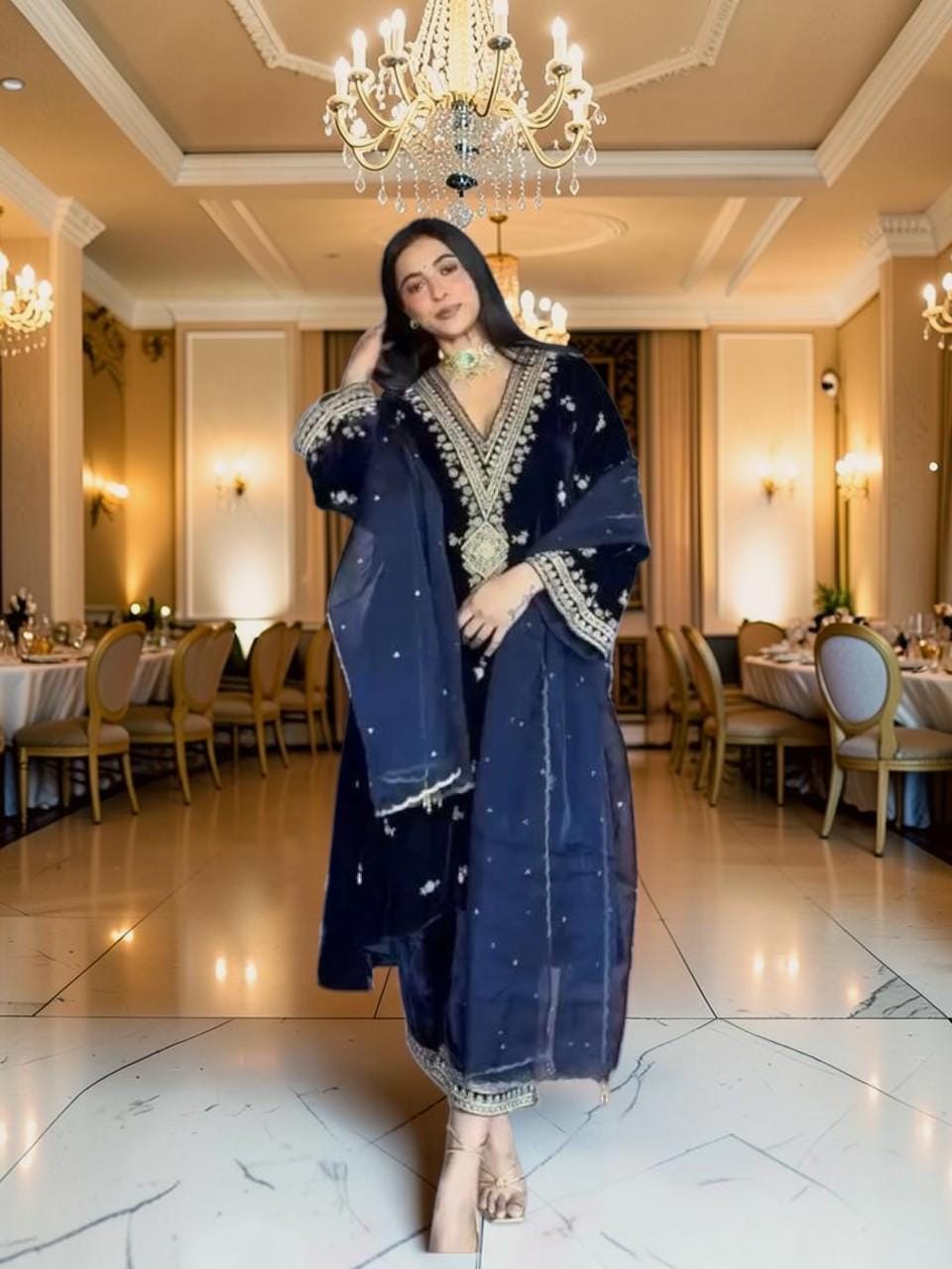Navy Blue Velvet Kurta Set