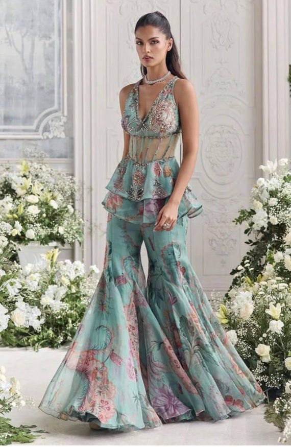 Modern Ethnic Peplum Top and Palazzo Set, Bridal Reception Wear, Indian Wedding Outfit