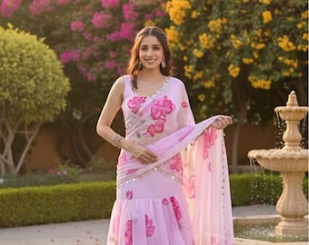 Prêt-à-porter sari : numérique à fleurs roses et volants - imitation georgette XL