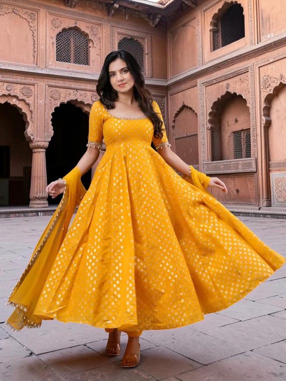 golden colour anarkali dress Mustard Yellow Suit for Women, Chanderi Jacquard With Dupatta, Mirror Work Ethnic Outfit, Wedding Guest Dress sabyasachi golden anarkali suit
