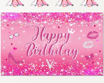 Hot Pink Happy Birthday Banner 70.8x43.3in Glitter Birthday Backdrop for Girls Women Party
