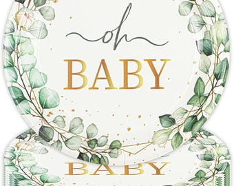 50 platos de papel desechables de eucalipto de 7 pulgadas para baby shower.