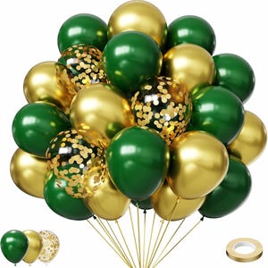 May include: A collection of green, gold, and confetti-filled balloons tied together with gold ribbon. The balloons are a mix of solid colors and clear balloons filled with gold confetti. A roll of gold ribbon is also included.