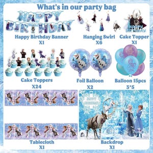 Pode incluir: Um conjunto de sacolas de festa com uma faixa "Feliz Anivers&aacute;rio", redemoinhos pendurados, enfeites de bolo, bal&otilde;es de folha e bal&otilde;es. O conjunto inclui uma toalha de mesa e um cen&aacute;rio, todos com um tema de inverno. O texto "What's in our party bag" est&aacute; no topo.