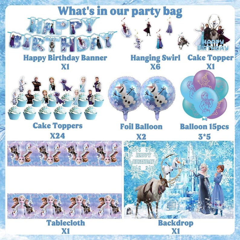 Pode incluir: Um conjunto de sacolas de festa com uma faixa "Feliz Anivers&aacute;rio", redemoinhos pendurados, enfeites de bolo, bal&otilde;es de folha e bal&otilde;es. O conjunto inclui uma toalha de mesa e um cen&aacute;rio, todos com um tema de inverno. O texto "What's in our party bag" est&aacute; no topo.