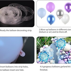 Puede incluir: Gu&iacute;a paso a paso para crear una guirnalda de globos. La imagen muestra una tira transparente para decorar globos, varios globos de colores y una guirnalda terminada con acentos de copos de nieve. Se incluyen instrucciones de texto.