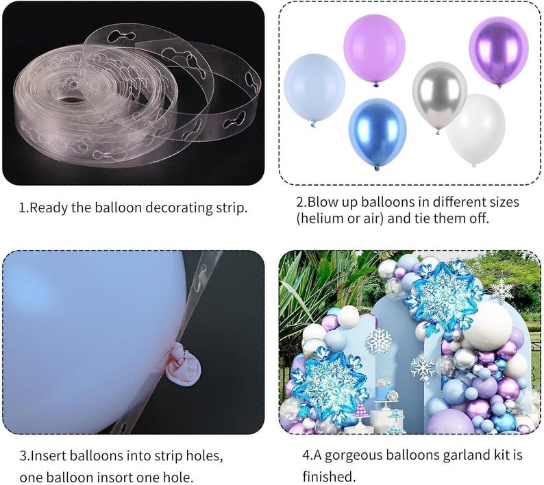 Puede incluir: Gu&iacute;a paso a paso para crear una guirnalda de globos. La imagen muestra una tira transparente para decorar globos, varios globos de colores y una guirnalda terminada con acentos de copos de nieve. Se incluyen instrucciones de texto.