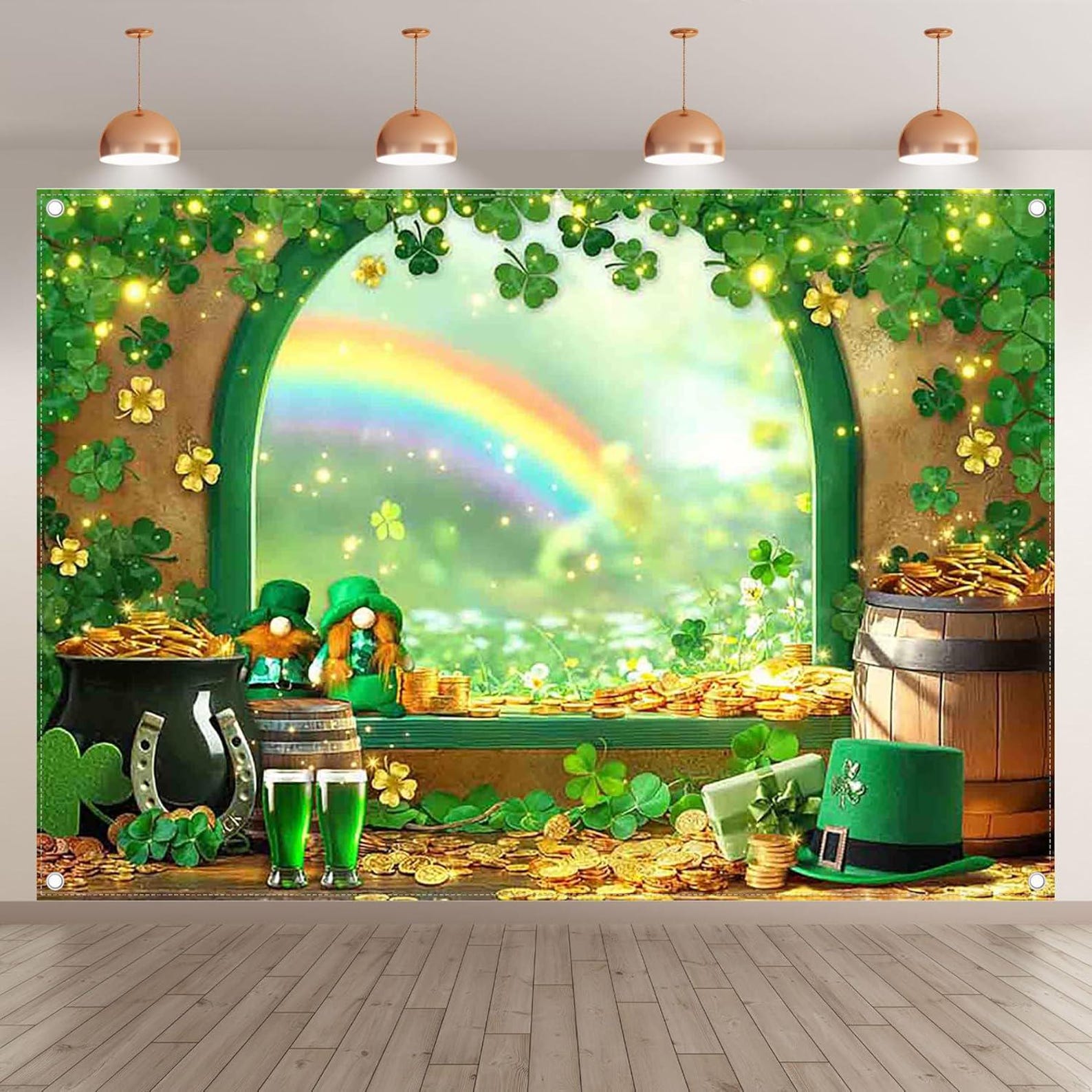 St Patricks Day Arched Window Backdrop Shamrock Rainbow Gold Coins Photo Banner