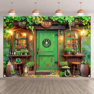 May include: A festive backdrop depicting an Irish pub with a green door, windows, and shamrock decorations. The scene includes barrels, stools, and a pot of gold, creating a St. Patrick's Day theme. The word "PUB" is displayed above the door.