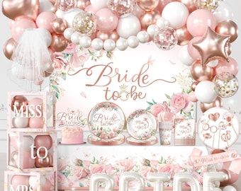 Pink Bridal Shower Decorations Set for 25 Guests: Bride Sash, Veil, Plates