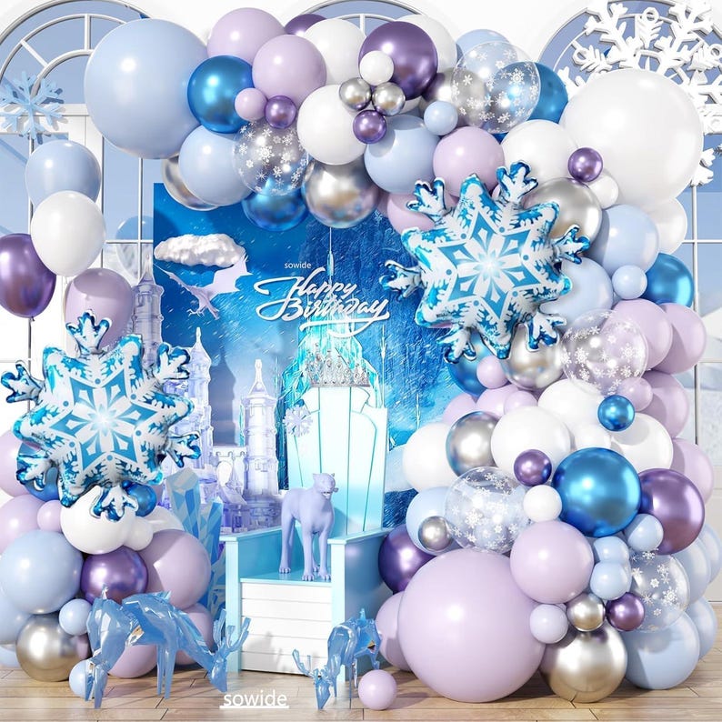 Kit de arco de globos de cumpleaños de Frozen: guirnalda de copos de nieve morados, azules y plateados para decoración de fiestas. imagen 1