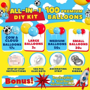 May include: A colorful DIY balloon kit with the text "ALL-IN-1 DIY KIT 100 PREMIUM BALLOONS." The kit includes cow and cloud balloons, large, medium, and small balloons, step-by-step instructions, glue dots, decorating strip, tying ribbon, and bonus rocketship and starburst balloons.