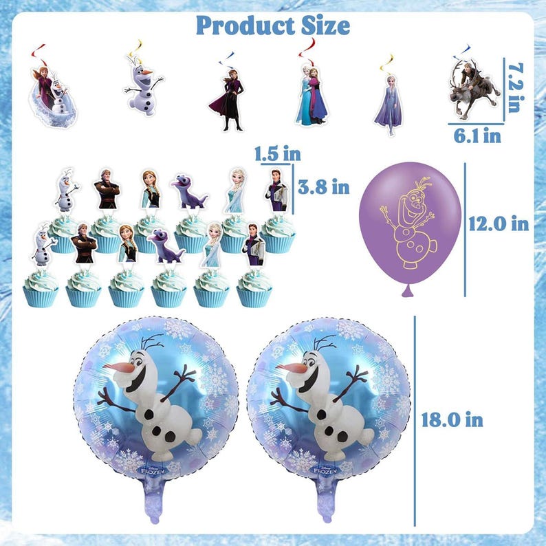 Pode incluir: Uma cole&ccedil;&atilde;o de decora&ccedil;&otilde;es para festas com o tema Frozen. Inclui toppers para cupcakes, decora&ccedil;&otilde;es suspensas, um bal&atilde;o roxo (30,5 cm) e dois bal&otilde;es redondos de folha (45,7 cm). As decora&ccedil;&otilde;es apresentam personagens como Olaf, Elsa e Anna.