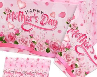 4 Pack Mother's Day Tablecloth Pink Rose 54x108 Inch Waterproof Plastic Table Covers Party Supplies Decor