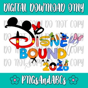 Może przedstawiać: Kolorowa grafika cyfrowa z napisem "DISNEY BOUND 2026" z uszami Myszki Miki, kokardą Myszki Minnie i innymi elementami postaci Disneya. Projekt zawiera również tekst "TYLKO POBIERANIE CYFROWE" i "PNGSAndABCS".