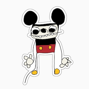 May include: A sticker depicting a cartoon character with large black ears, a black and red torso, and white limbs. The character has a skeletal face with a toothy grin, in a whimsical, hand-drawn style.
