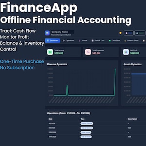 Op de afbeelding: Een donkerblauwe FinanceApp-interface met financiële gegevens. Het dashboard toont inkomsten, uitgaven en winst, met grafieken voor omzet en activa. Tekst geeft aan dat het een offline financieel boekhoudprogramma is.