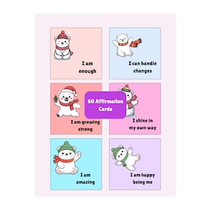 Może przedstawiać: Zestaw 60 kart afirmacyjnych z kreskówkowymi niedźwiedziami polarnymi i pozytywnymi wiadomościami. Każda karta ma inną wiadomość, np. „Jestem wystarczający” i „Jestem niesamowity”, z kolorowym tłem.