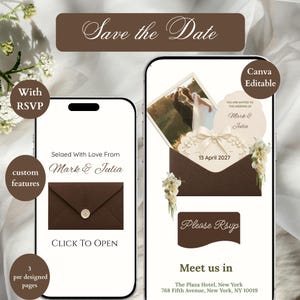 Puede incluir: Plantilla de invitación de boda digital mostrada en dos teléfonos inteligentes. Las pantallas presentan sobres marrones, una foto de una pareja, detalles florales blancos y texto que incluye Save the Date, Mark & Julia, 13 April 2027, Please Rsvp y The Plaza Hotel.