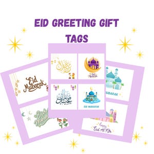 May include: A collection of Eid greeting gift tags with various designs. The tags feature illustrations of mosques, crescent moons, and Arabic calligraphy, with the words "Eid Mubarak" and "Eid Al Fitr". The tags are arranged on a light purple background with star accents.