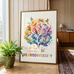 May include: A framed wall art print featuring a watercolor-style tree composed of colorful birds. The text reads "We All Think Differently" in script and "NEURODIVERSITY" in bold, multi-colored capital letters at the bottom of the white background.