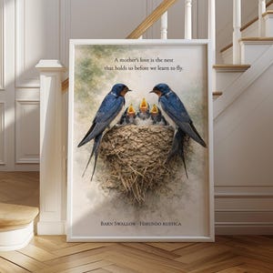 Boerenzwaluw aquarel print, Mother's Love Nest kunst, vintage natuur kinderkamer decor (digitale download)