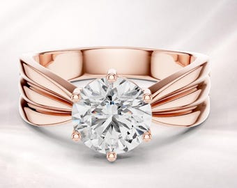 Round Cut Solitaire Diamond Engagement Ring, Split Shank, Minimalist Bridal Band