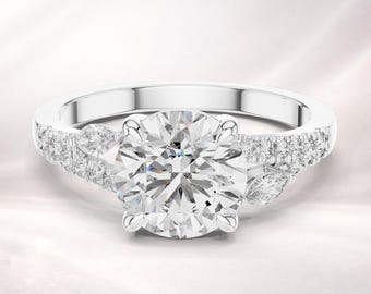Anillo de compromiso Elara con diamante de talla redonda, montura dividida y halo oculto, oro rosa/plata/oro/platino.