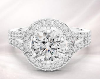 Round Cut Halo Diamond Ring, Double Split Shank Pavé Band, Engagement Bridal Statement Ring