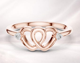 ダブルハートダイヤモンドリング、ロマンチックな愛の約束、ミニマルで繊細なバンドギフト