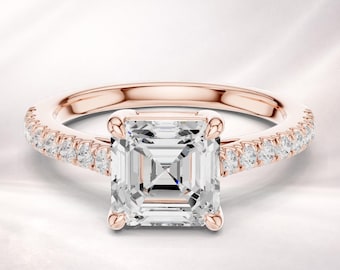Asscher Cut Solitaire Ring, Rosegold Pave Diamant-Verlobungsring