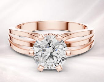 Anillo de compromiso solitario con brazo dividido / Diamante de talla redonda, oro rosa, plata, platino, anillo de promesa