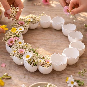 Könnte beinhalten: Eine frühlingshafte Blumenanordnung mit einem Kranz aus weißen Eierschalen, gefüllt mit kleinen Blumen. Die Anordnung umfasst Gänseblümchen, rosa und gelbe Blüten und Schleierkraut. Die Szene spielt auf einem Holztisch mit zusätzlichen Blumen und Dekorationen.