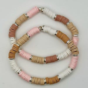 Neutral Heishi Clay Bead Stretch Bracelets (Pair), 6mm, PERSONALIZED LENGTH, Minimalist, Silver Accents