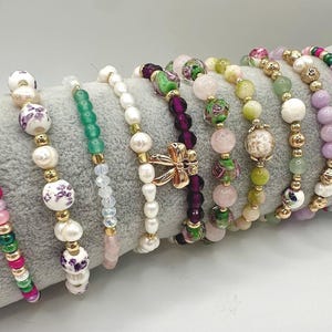 Beaded Stretch Bracelets, Gold Lava Rock Crystal Ceramic Freshwater Pearl Accents, Custom Length